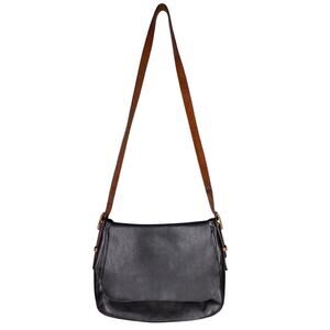 FOSSIL VINTAGE 90's LEATHER CROSSBODY BAG – BLACK W/ BROWN STRAP – 12" × 8" × 4"